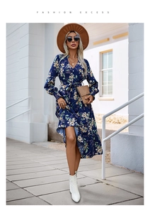 Close-up detail of V-neckline and floral pattern on a navy blue long sleeve midi dress