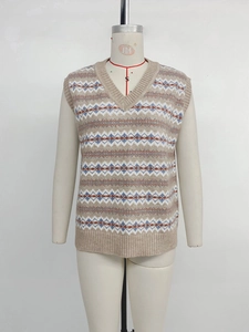 Close-up of Fair Isle geometric jacquard pattern on this V-neck knit sweater vest