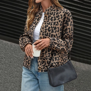 Women's leopard print jacket with single-breasted buttons and classic ribbed cuffs