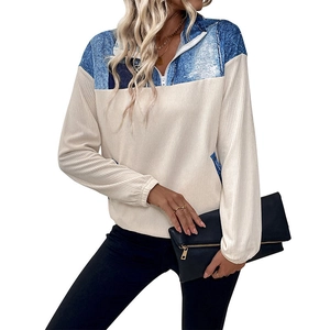 Sweat-shirt femme bicolore avec quart de zip, imprimé denim et texture en maille côtelée