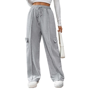 Women's grey high-waisted wide leg cargo sweatpants with drawstring and large side pockets