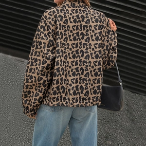 Chic leopard print jacket for women featuring a stand collar and adjustable drawstring hem