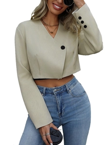 Minimalist short-cut solid blazer jacket with long sleeves and black button detail