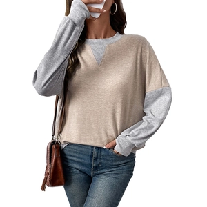 Women's casual color-block crew neck sweatshirt with drop shoulder and khaki grey panels