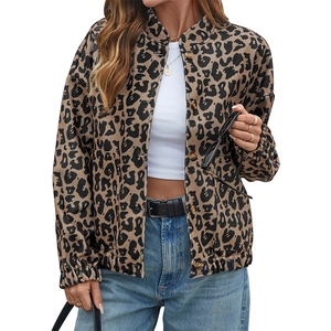 Women's vintage leopard print stand-collar jacket with casual American style fit
