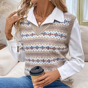 Women's V-neck Fair Isle jacquard knit vest layered over a white long-sleeve shirt