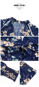 Detailed views of floral maxi dress showing V-neck lace trim and smocked cuffs