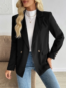 Classic black women's business casual blazer with flap pockets and notched lapel