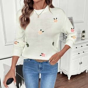 Women Sweet Floral Embroidered Knit Sweater Long Sleeve Crewneck Pullover Ribbed Off White Acrylic Casual Winter Sweater Top