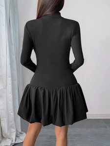 Slim fit long sleeve dress with high collar and flared pleated skirt in black color