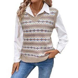 Women's V-neck Fair Isle knit vest with geometric pattern for layered autumn outfits