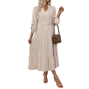 Elegant apricot long sleeve maxi dress with V-neck, tiered skirt and resin buckle belt