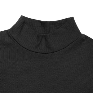 Close-up of black high-neck ribbed knit dress showing fine fabric texture and stitching