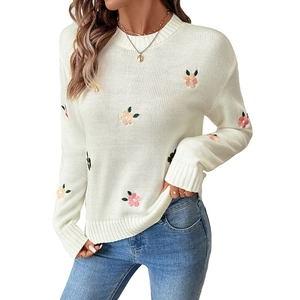 White crewneck sweater with colorful flower embroidery and ribbed cuffs for women