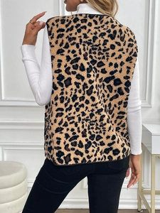 Back view of a stylish leopard print plush vest for women with a warm faux fur texture