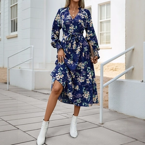 Women Elegant Floral Print V Neck Long Sleeve Maxi Dress Ruffle Hem Waist Tie Casual Party Holiday Long Dress