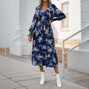 Navy blue floral maxi dress with V-neck, long sleeves and side split for women