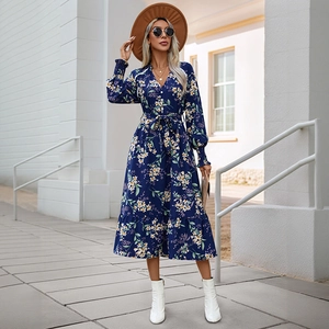 Floral V-neck long sleeve maxi dress with side slit and waist tie in dark blue chiffon