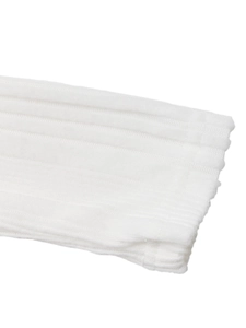 Close-up of white ribbed knit fabric texture showing fine elasticity and soft material