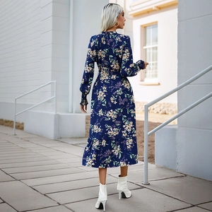 Floral V-neck long sleeve split dress in navy blue with ruffled hem and waist belt