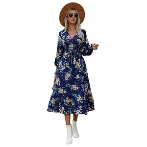 Floral print long sleeve V-neck maxi dress with waist tie and ruffled hem details