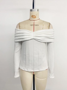 Detail of white off-shoulder ribbed knit top showing fabric texture and ruched neckline