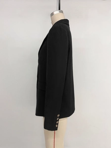Detail of classic black blazer sleeve with three decorative buttons on a mannequin