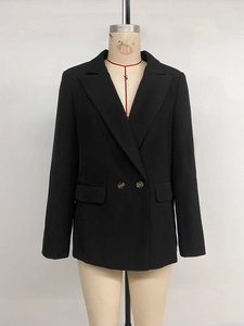 Detailed front view of black slim-fit blazer with notched lapels and flap pockets on a mannequin