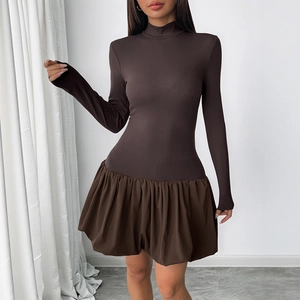 Women Elegant Mock Neck Long Sleeve Patchwork Mini Dress Ribbed Knit Bodice Puffy Bubble Hem Party Dress Casual Short Dress