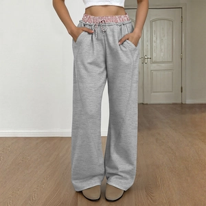 Pantaloni della Tuta a Gamba Larga a Vita Alta da Donna Cinturino a Quadri Coulisse Pantaloni Lounge Casual Larghi con Tasche Autunno