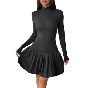 Women's black mock neck long sleeve knit dress with voluminous puff skirt silhouette