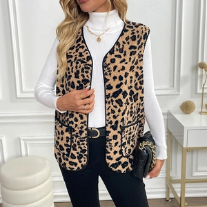 Women Leopard Print Faux Fur Vest V-Neck Sleeveless Open Front Waistcoat With Pockets Casual Autumn Winter Outerwear