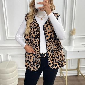 Women's leopard print faux shearling vest with open front and pockets for autumn style