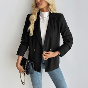 Women's black double-breasted blazer with classic lapels for a professional office look