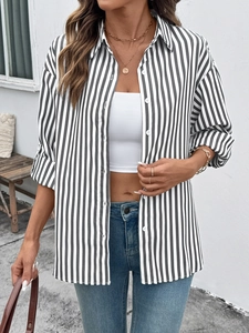 Relaxed fit black and white vertical striped long sleeve shirt with white buttons for women
