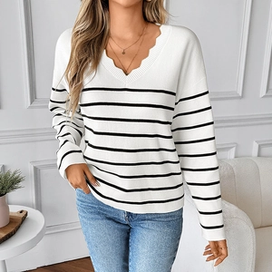 Damen Casual Gestreift V-Ausschnitt Langarm Wellenkante Strickpullover Locker Viskose Nylon Polyester Mischung Top