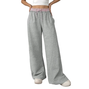 Pantaloni sportivi donna a vita alta grigio chiaro a gamba larga con coulisse a quadri