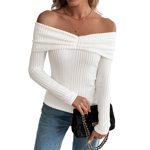 White off-shoulder long sleeve top with rib-knit texture and slim fit design