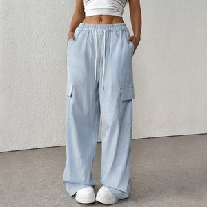 Pantalon Cargo Décontracté à Rayures Femme Bleu Blanc Taille Haute Jambe Large Pantalon Long Cordon Poches Streetwear