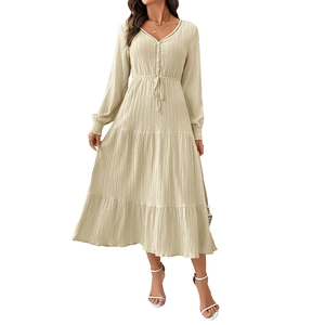 Long-sleeve beige V-neck tiered dress with textured fabric and drawstring waist