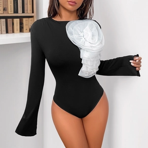 Chic black long sleeve bodysuit featuring a 3D white mesh flower on the shoulder