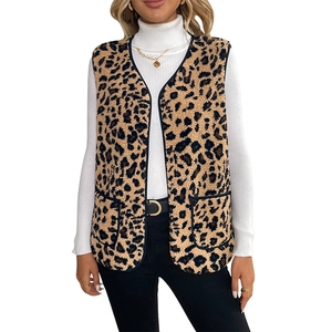 Chic leopard print faux fur vest for women with large pockets and black piping details