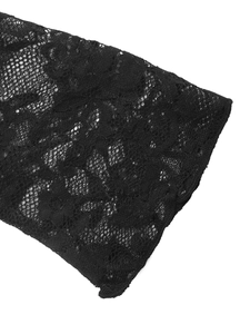 Detailed view of sheer floral lace stitching on black long-sleeve top for women