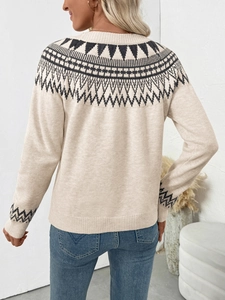 Detailed back view of a beige knitted sweater with black geometric Fair Isle patterns