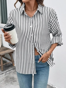 Women's casual striped long sleeve shirt with a button-down collar and relaxed fit