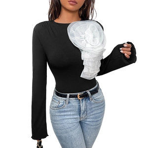 Women's black long sleeve bodysuit with 3D white organza flower decoration