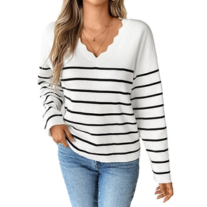 Gestreifter V-Ausschnitt Strickpullover für Damen in Weiß und Schwarz für den Herbst-Look