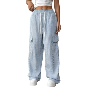 Pantalon cargo rayé bleu et blanc pour femme à taille haute avec cordon de serrage