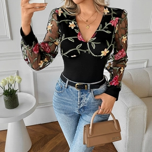 Women's V-neck mesh long sleeve top with floral embroidery and elegant slim fit design
