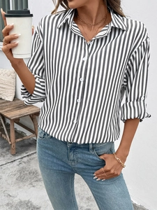 Women's classic black and white vertical striped long-sleeved shirt with buttons